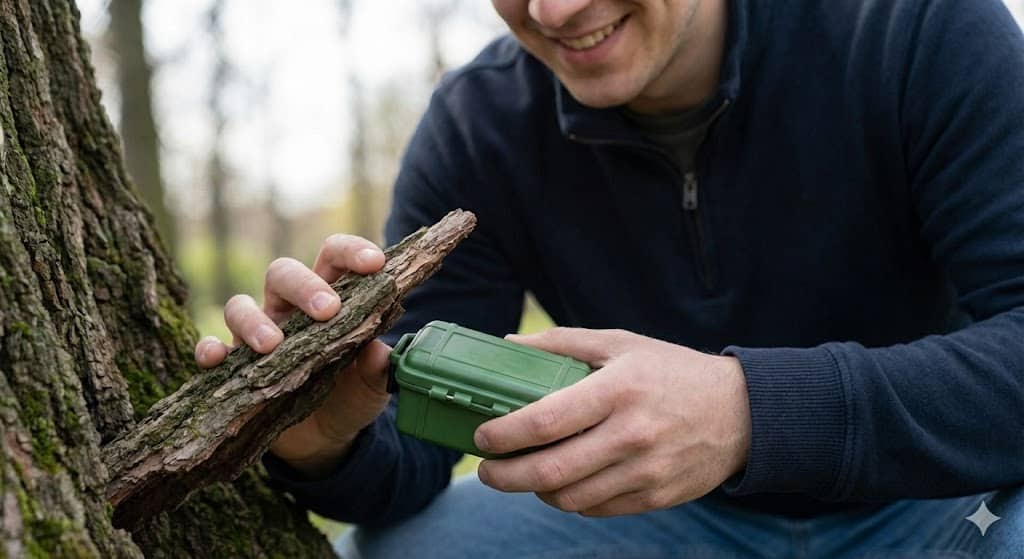 4 Schritt Der Fund ("Aha!"-Moment) Erfolg! Du hast das gut getarnte Versteck entdeckt und hältst die Dose in den Händen.