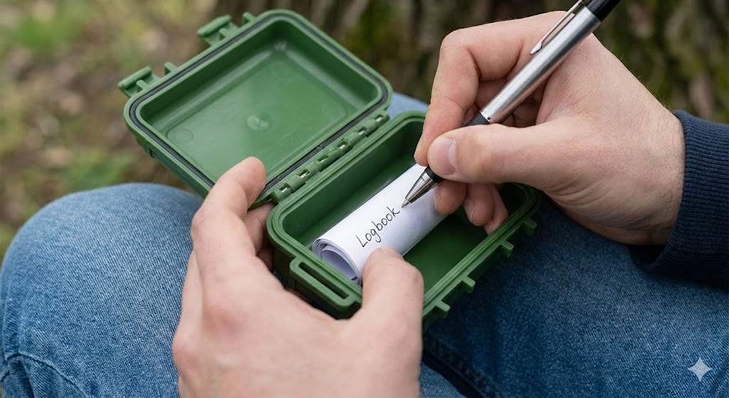 5 Schritt Das Loggen Der krönende Abschluss: Du trägst dich mit deinem Namen und dem Datum in das Logbuch ein, bevor du die Dose wieder versteckst und den Fund online meldest.